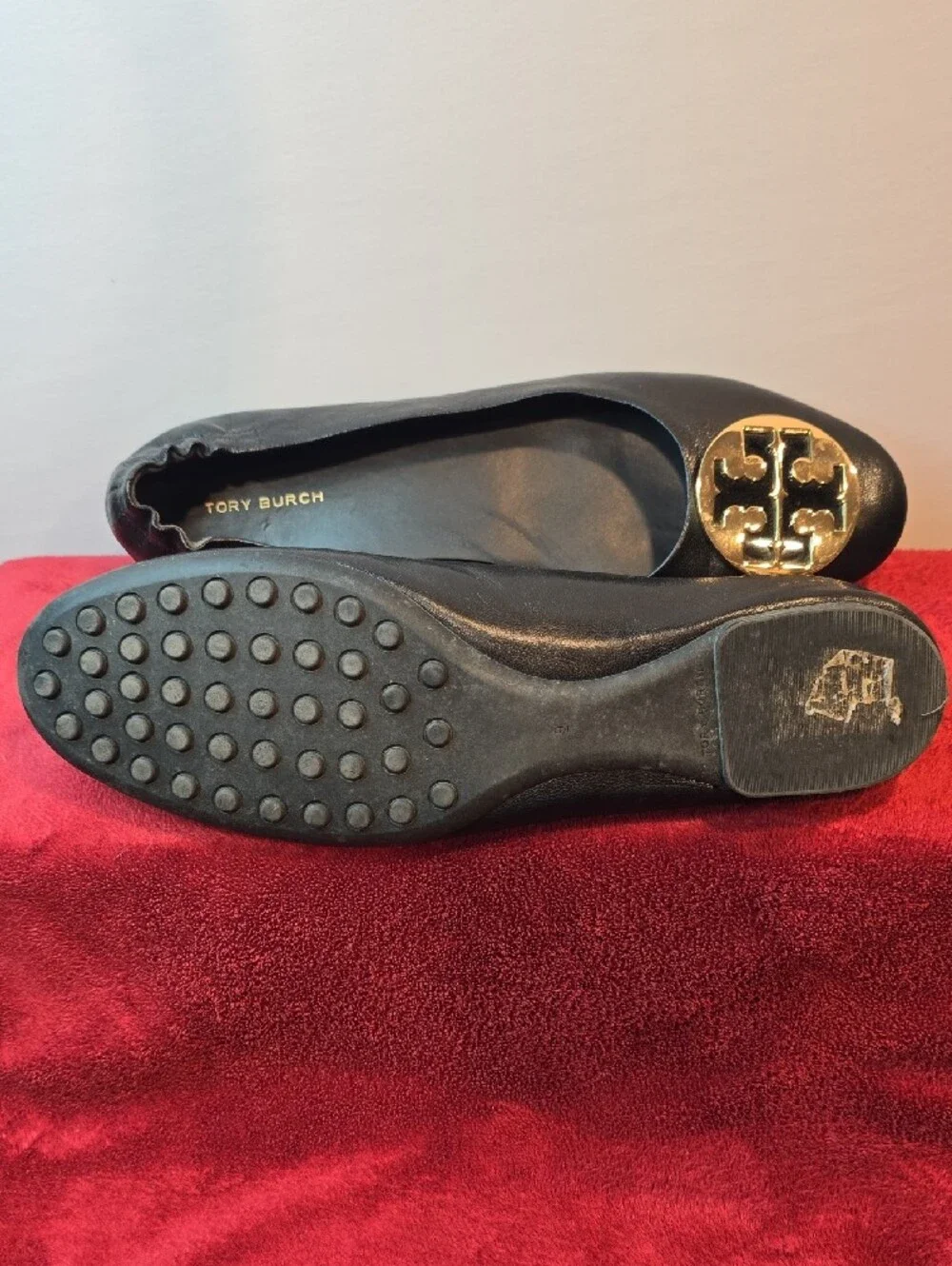 Tory Burch Black Leather Ballet Flats with Gold Logo Medallions